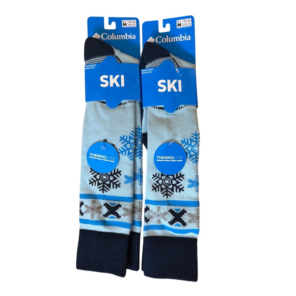 2 Pair Columbia Thermolite Ski Socks Blue Snowflake Mens 6-9 Womens 8-11.5 M
